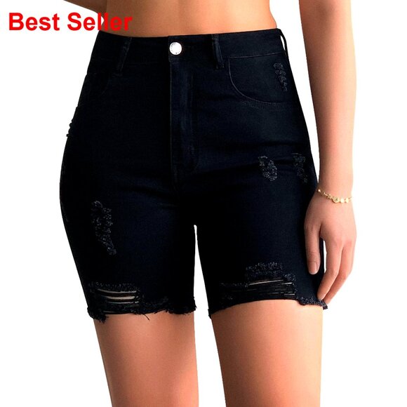 Pants - Women's Casual Summer Ripped High Waisted Stretch Distressed Frayed Raw Hem